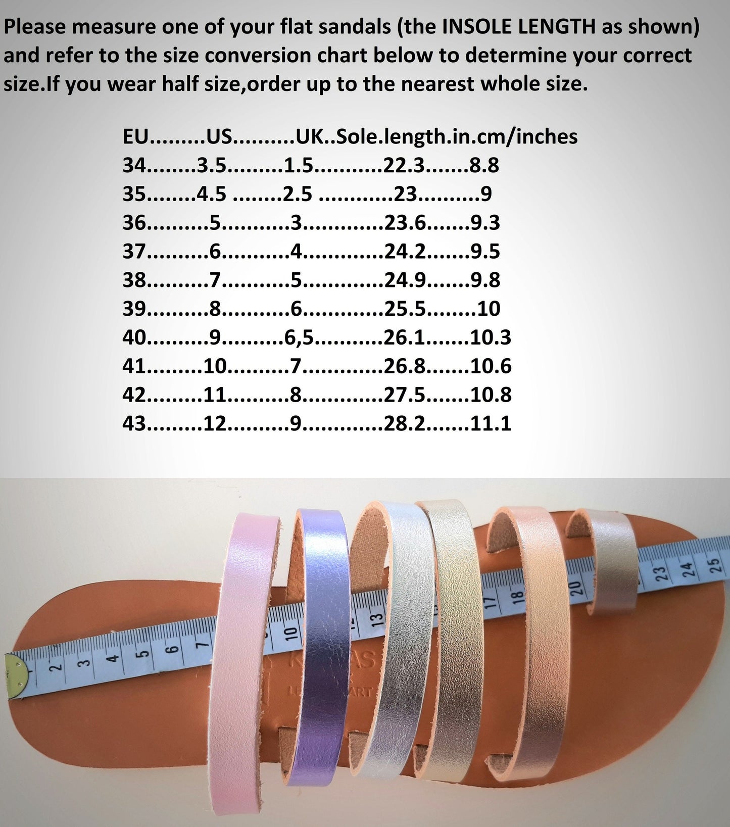 Kionas Sandals size guide chart for Greek leather sandals