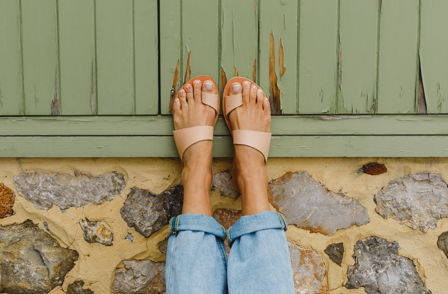 Harmonia Greek Leather Sandals – Nude multi-strap slide