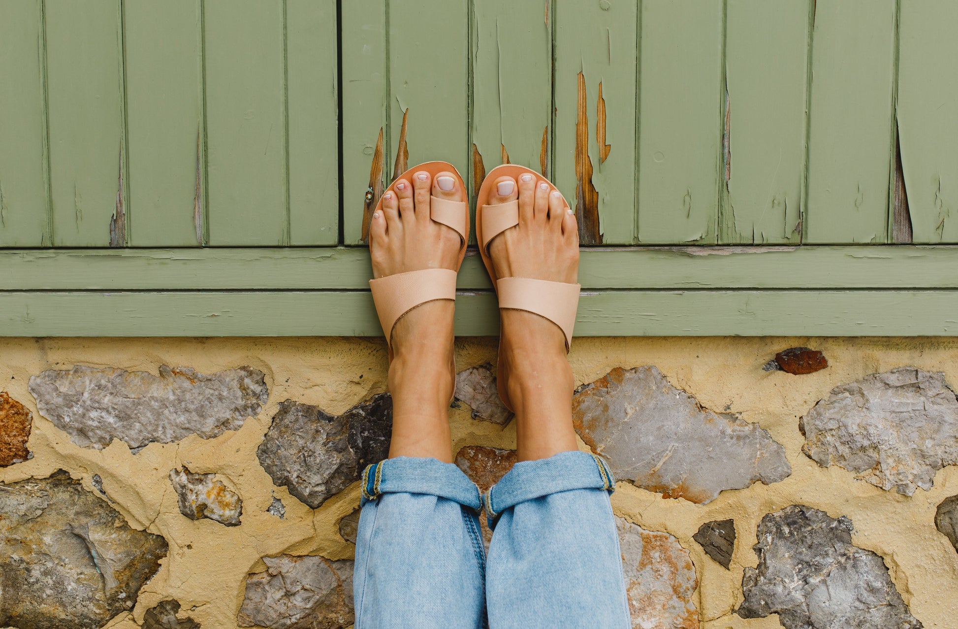 Harmonia Greek Leather Sandals – Nude multi-strap slide