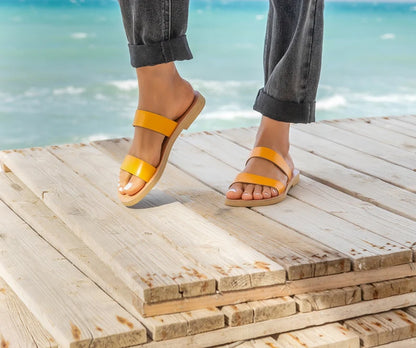 Xanthe Greek Leather Sandals – Mandarin orange two-strap slide