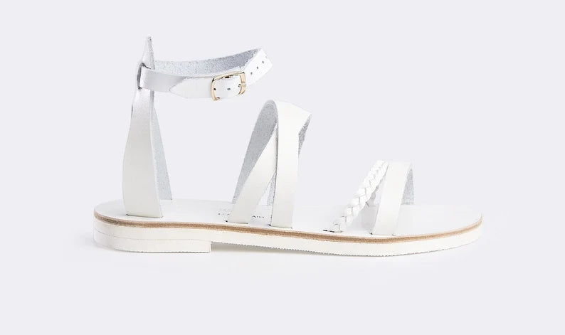Andromeda Greek Leather Sandals – Total white braided strap version