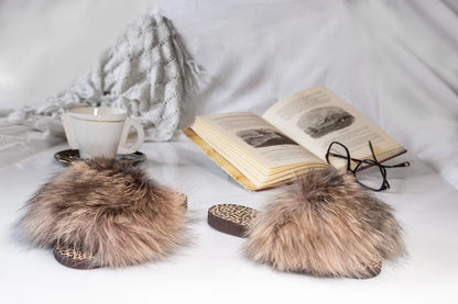 Alcionis Greek Leather Sandals – Brown fox fur slide with leopard sole