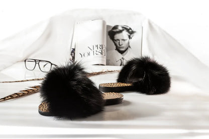 Alcionis Greek Leather Sandals – Black fox fur slide with leopard sole