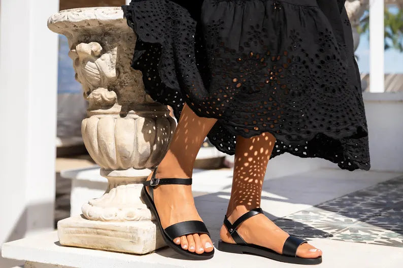 Aphrodite Greek Leather Ankle-Strap Sandals – Black