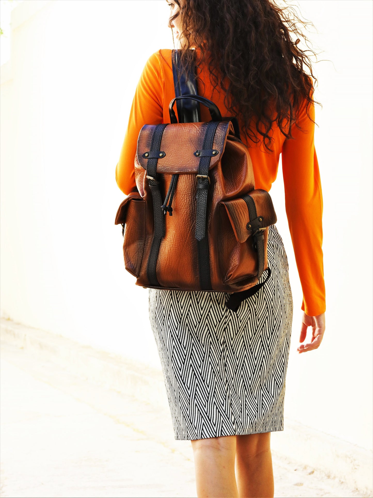 Backpack with shadows effect in tan, Leather Backpack Unisex, Leather Rucksack, Backpack Purse, Made in Greece from Full Grain Leather,