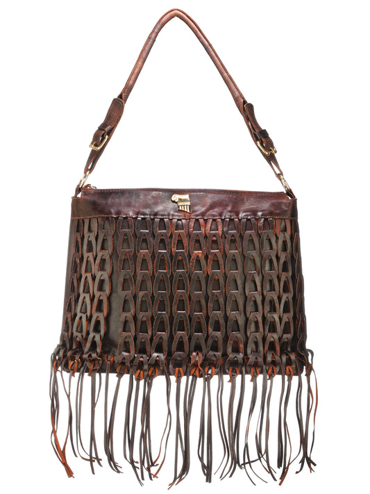 Fringe Leather Bag in Dark Brown | KionasSandals