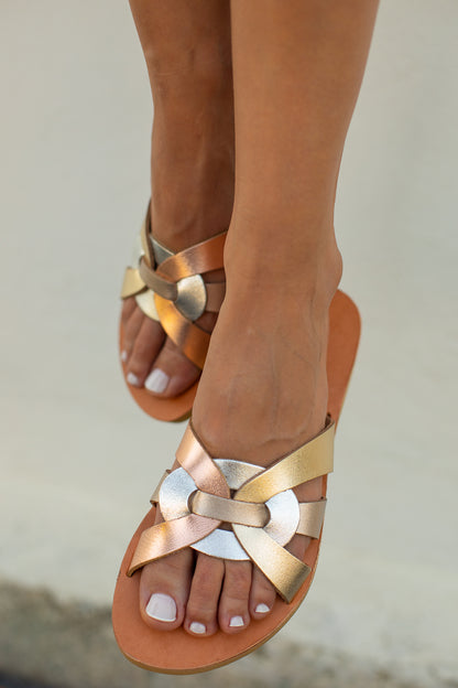 Desmos Greek Leather Sandals – Metallic interwoven multi-strap slide